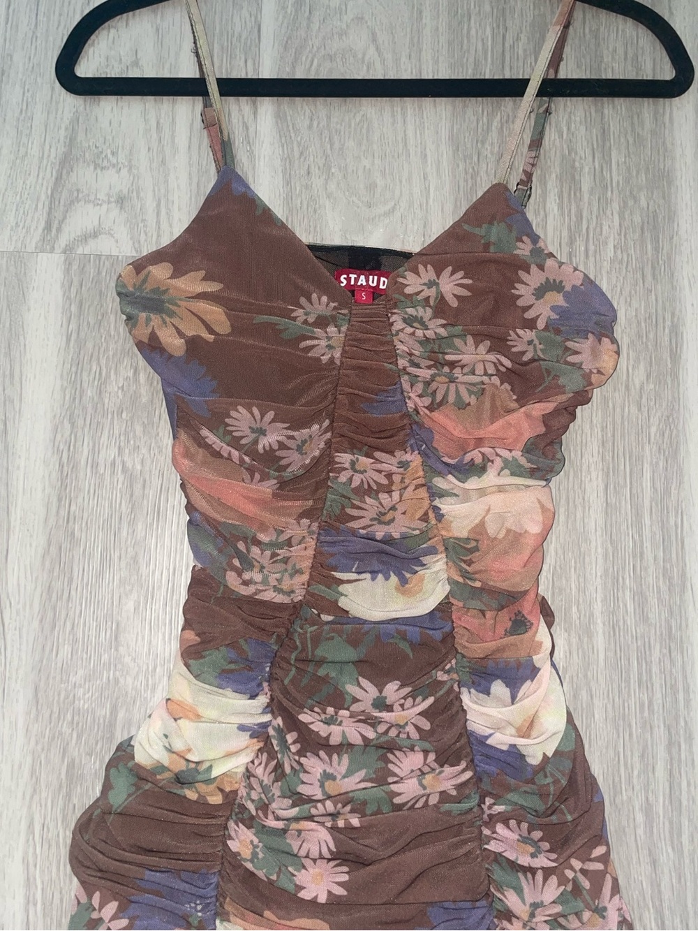 STAUD Brown Floral Ruched Midi Dress